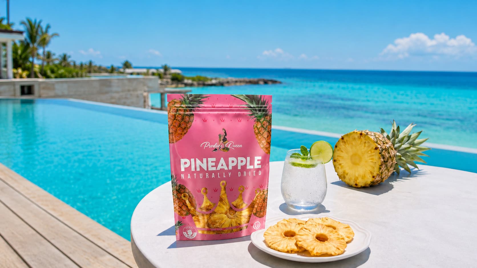 A Produce Queen naturally dried pineapple pouch on a marble table beside an infinity pool overlooking a turquoise ocean, with fresh pineapple and a sparkling drink